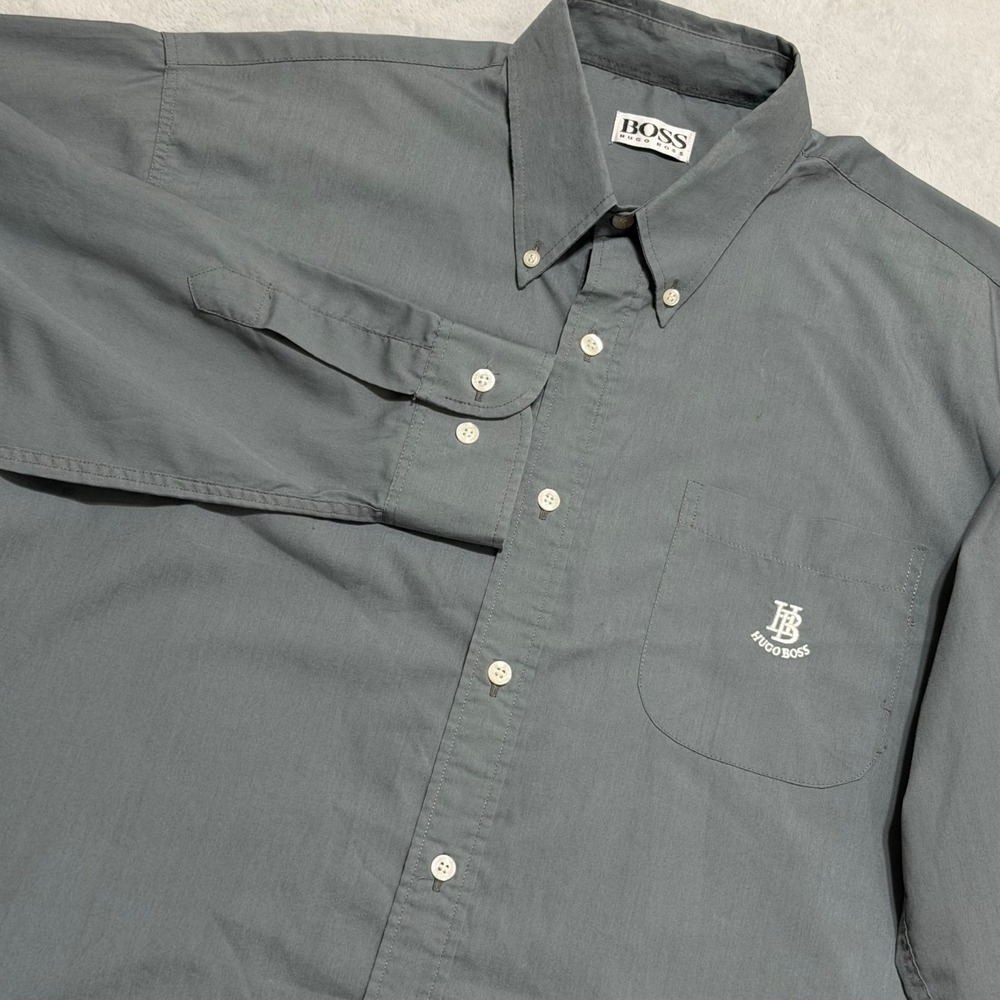 BOSS Hugo Boss Button Down Shirt Men XXL Gray Embroidered Logo Long Sleeve